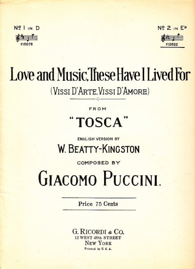 Love and Music, these Have I Lived For, from Tosca 1909 Vintage Sheet Music - 105