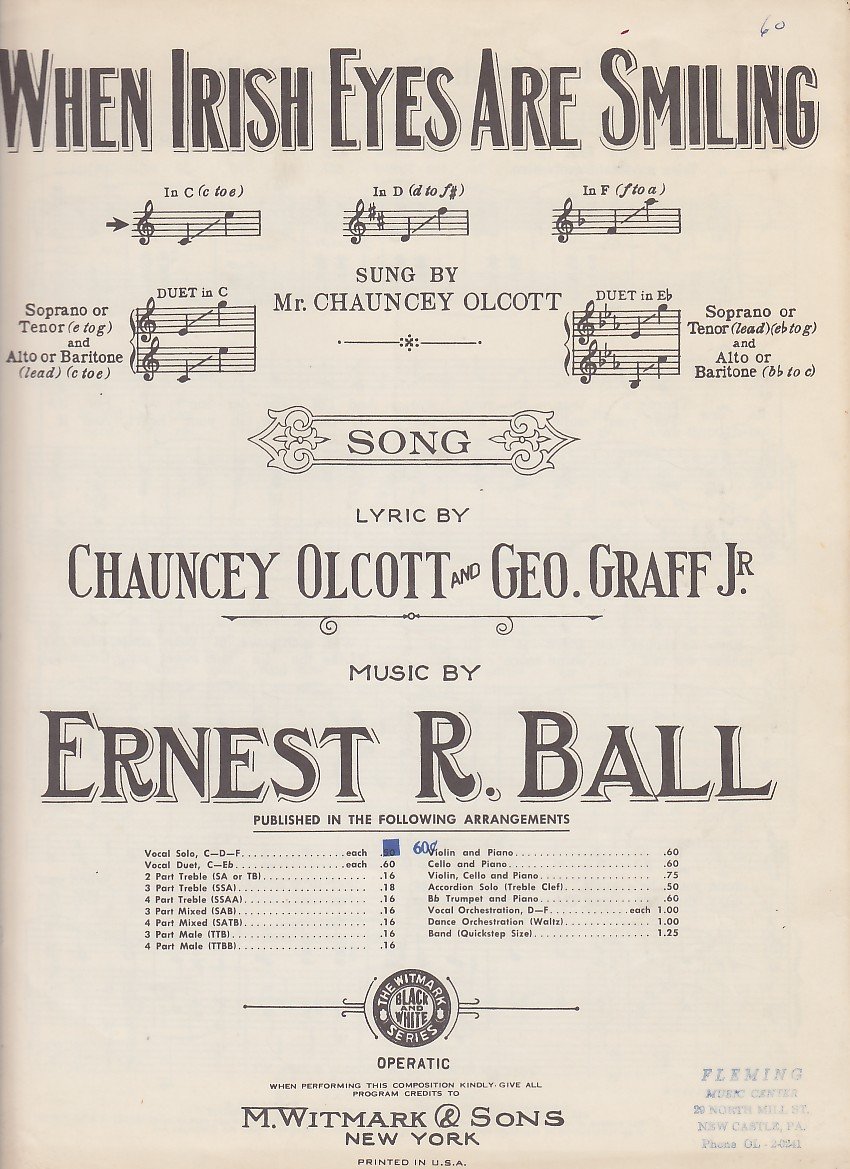 When Irish Eyes Are Smiling by Ernest R. Ball, 1912 Vintage Sheet Music - 0165