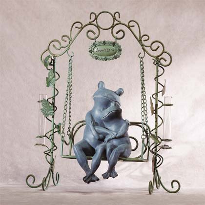 Frogs on Swing Sculpture with Bud Vases