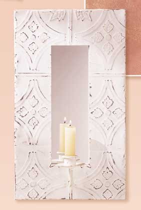 Distressed White Metal Mirror-Candle Holder