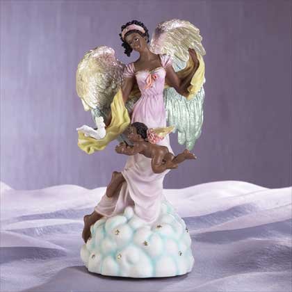 Musical Black Angel With Cherub & Dove
