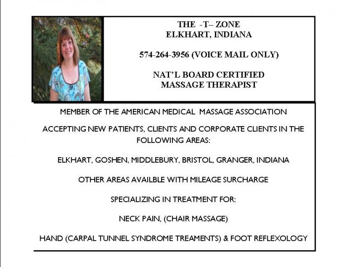 THE T ZONE-ELKHART, IN-4 HR CORPORATE BOOKING: CHAIR MASSAGE/REFLEXOLOGY TREATMENT FOR CARPAL TUNNEL