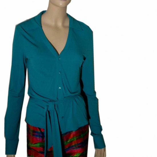 sz M - EQUIPMENT Knit Silk Blouse Cardigan wAscot - $29.99 - Retail $157 - aqua