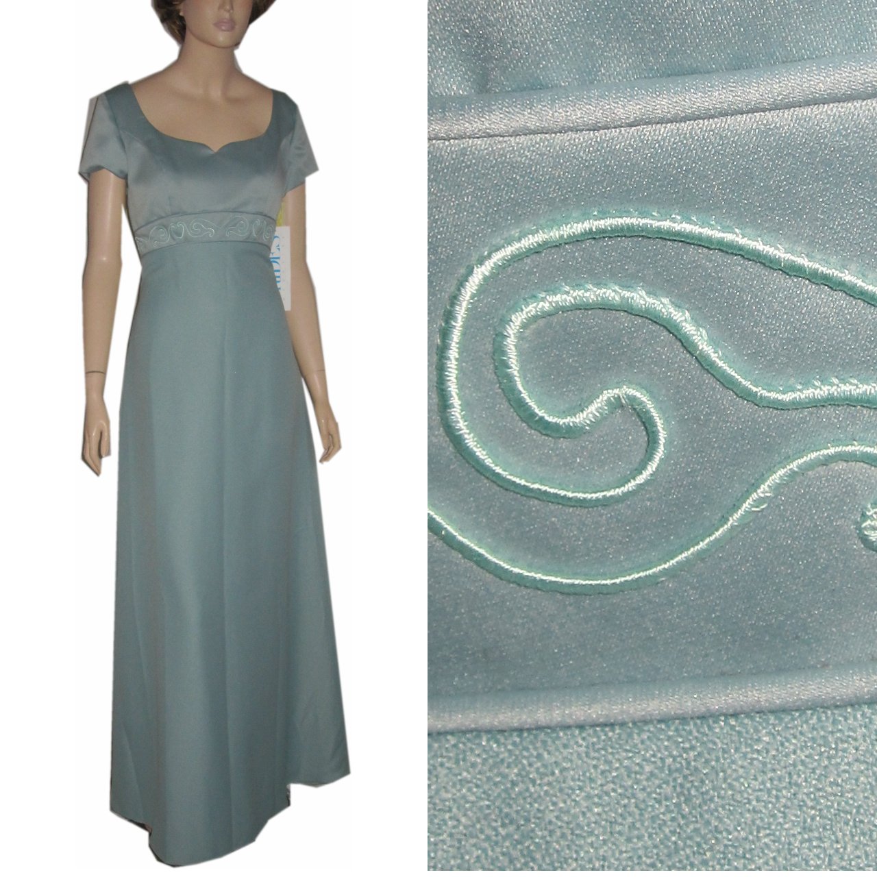 sz M - '70s JORDAN Empire Satin Gown UNWORN w/tags - Aquamarine