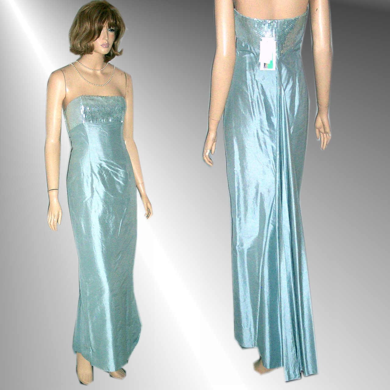 JESSICA McCLINTOCK Shantung Silk Strapless Fishtail Gown in Ice Blue - Bust 32"