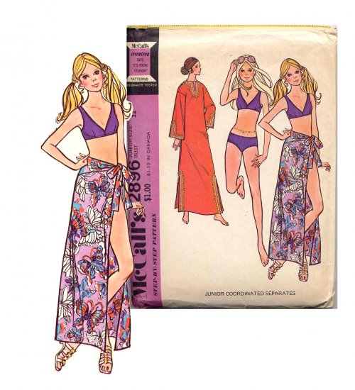 Sassy Mod 70s Bikini, Sarong and Caftan McCalls 2896 Vintage Pattern Bust 32