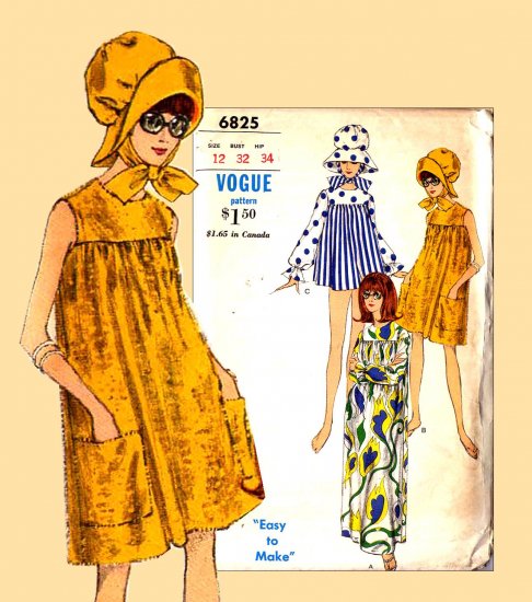 Sassy Mod 60's Beach Cover Up and Puff Hat Vogue 6825 Vintage Pattern Bust 32
