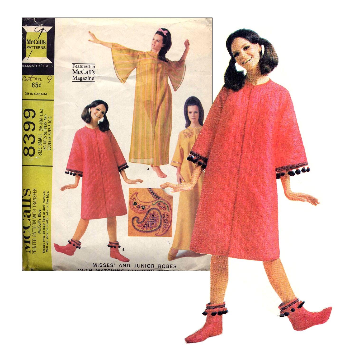 Sassy Mod 60s Robe and Slippers Embroidered Felt McCalls 8399 Size Small
