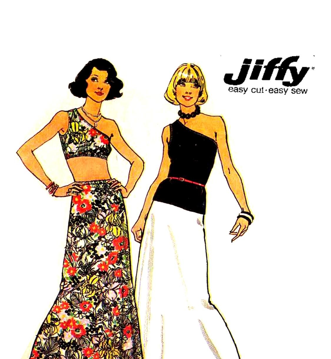Sassy 70s Jiffy One Shoulder Midriff Top, Skirt Vintage Pattern Simplicity 6463 Bust 31.5