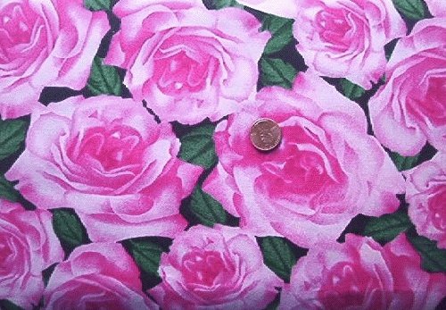 Big Pink Roses on Black Quilt Fabric