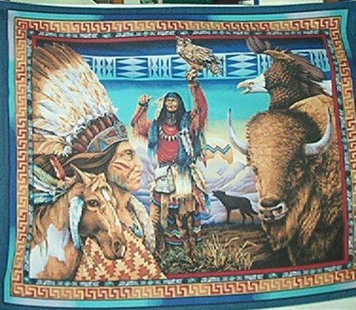 Cheater Indians Horses Buffalo Quilt Top Fabric