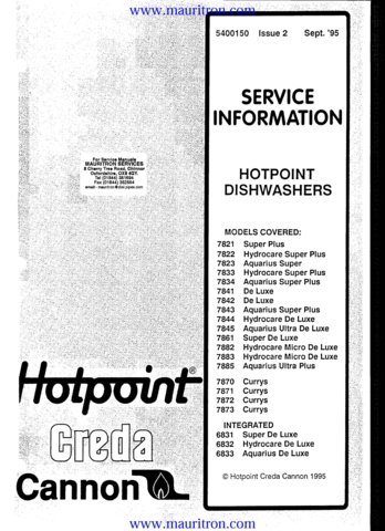 Hotpoint 7822 Hydrocare Super Plus Dishwasher Service Manual