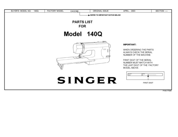 Singer 140Q Sewing Machine Exploded Views and Parts Lists