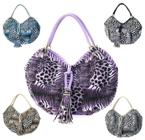 LEOPARD TIGER SKIN LEATHER HOBO HANDBAG PURSE BAG TAUPE
