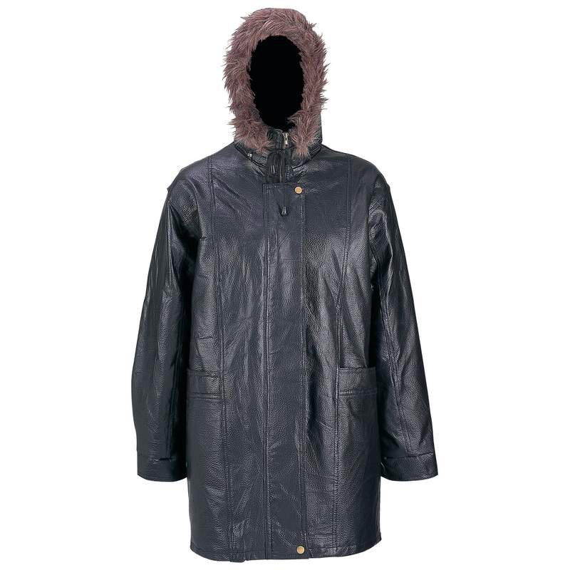 Giovanni Navarre Pebble Grain Leather Coat with Fur Hood- Size Large