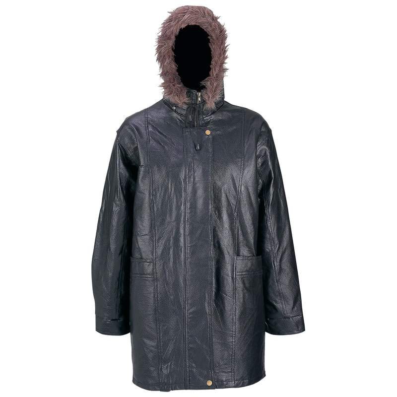 Giovanni Navarre Pebble Grain Leather Coat with Fur Hood- Size XLarge