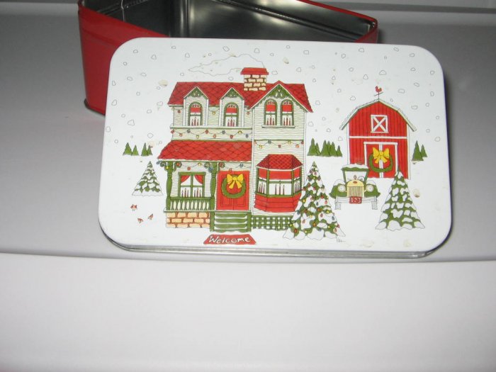 Christmas Holiday House Scene Tin Box Collectible