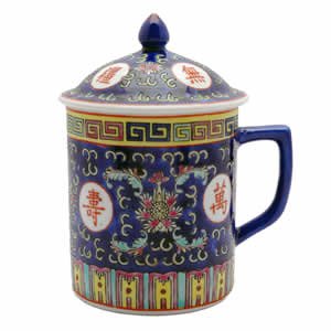 Porcelain Tea Cup - Blue/Rose Red Calligraphy