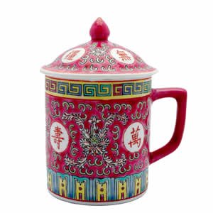 Porcelain Tea Cup - Fuchsia/Rose Red Calligraphy
