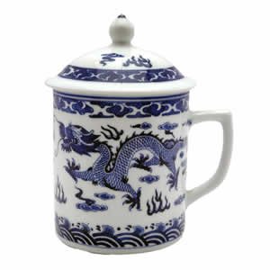 Porcelain Tea Cup - White/Blue Dragon Symbol
