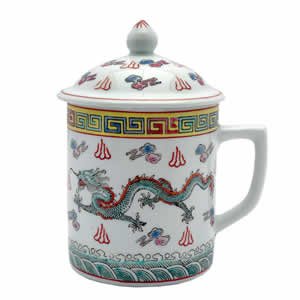Porcelain Tea Cup - White/Green Dragon & Symbols
