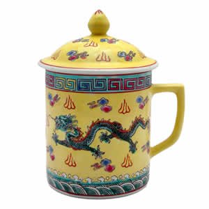 Porcelain Tea Cup - Yellow/Green Dragon & Symbols