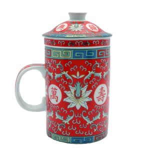 Porcelain Tea Cup - Strainer - Traditional - Red