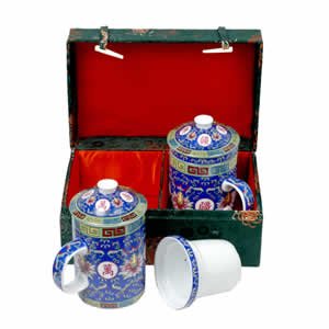 Tea Mugs - Tea for Two - Green with Blue Cups