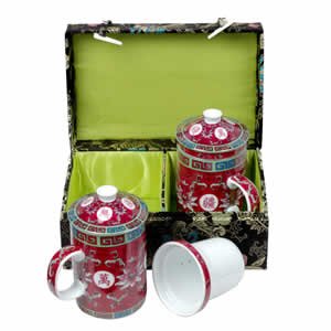 Tea Mugs - Tea for Two - Black with Fuchsia Cups