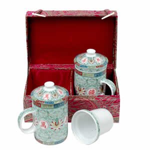 Tea Mugs - Tea for Two - Magenta with Green Cups