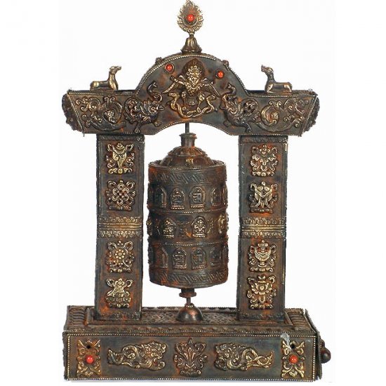 Antiquated Enshrined Prayer Wheel with Eight Auspicious Symbols and Gemstones