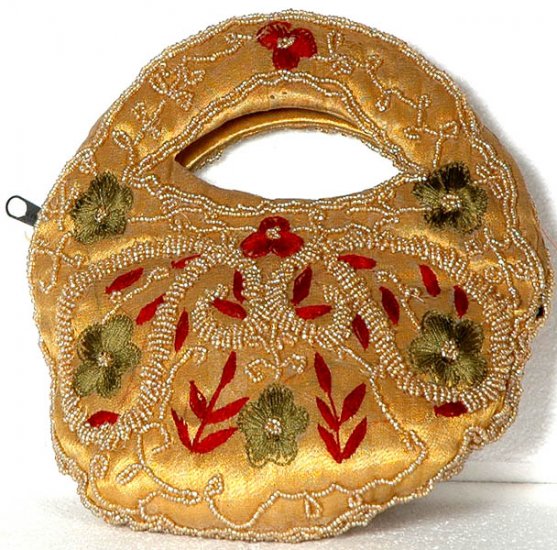 Golden Beaded Handbag with Threadwork