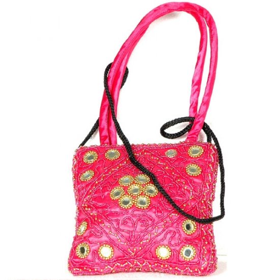Hot-Pink Beaded Handbag with Mirrors