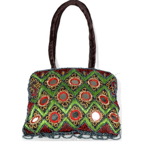 Gray and Green Handbag with Mirrors and Beads