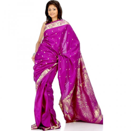 Purple Bangalore Silk Sari with Radha Krishna on Pallu and Floral Border
