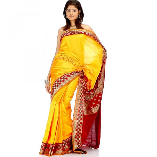 Amber Kanjivaram Sari with Peacocks and Paisleys on Border