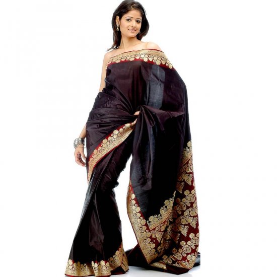 Black Satin Valkalam Sari with Floral Brocaded Border and Pallu