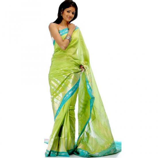 Lime Green Valkalam Sari from Banaras with Khadi Temple Weave