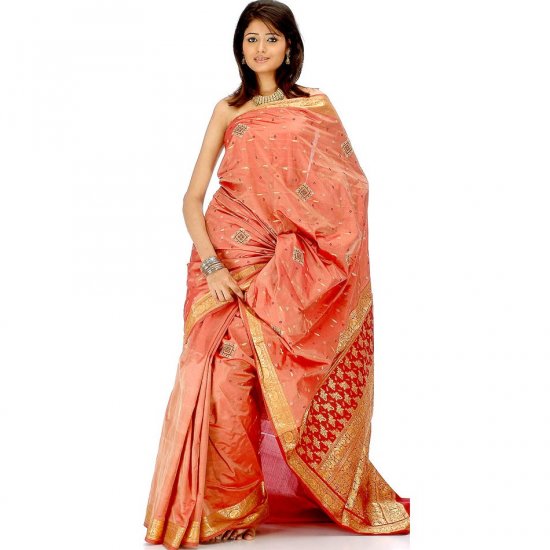 Dark Salmon Sari from Bangalore with Embroidery and Crystals
