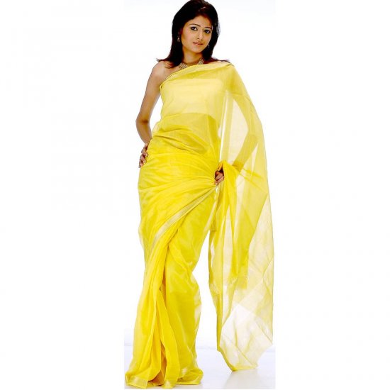 Yellow Maheshwari Sari with Golden Thread Weave on Border
