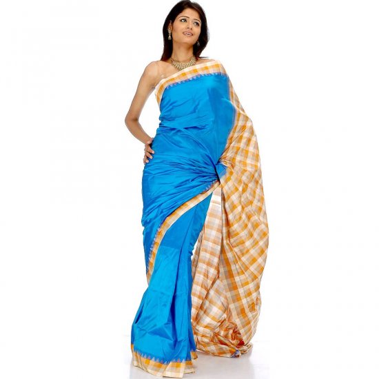 Azure Blue Handwoven Bangalore Silk Sari with Checks and Temple Border