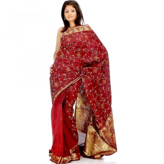 Dark Maroon Bangalore Silk Sari with All-Over Floral Embroidery