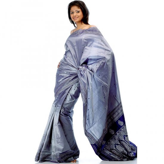 Slate-Gray and Blue Hand-Woven Sari from Karnataka