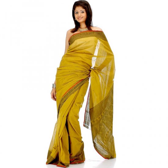 Dark-Goldenrod Sari from Calcutta with Weave on Border and Pallu