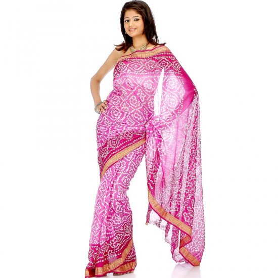 Pink and Violet Bandhani Sari with Golden Weave on Border