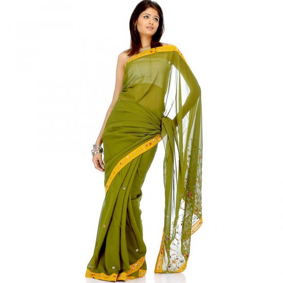 Green and Amber Sari with Beads and Threadwork