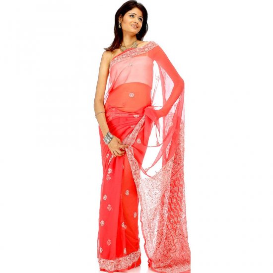 Red Lukhnavi Chikan Sari with All-Over Bootis