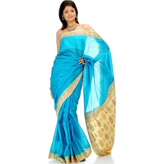 Plain Turquoise Tussar Sari with Banarasi Brocade on Border and Pallu