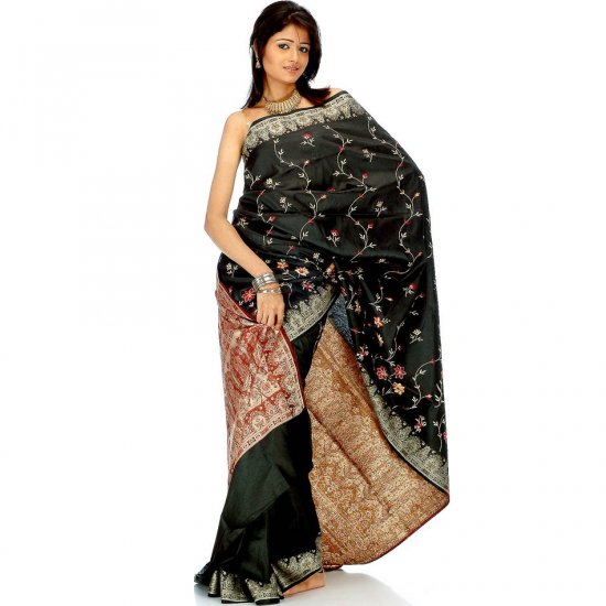 Black Banarasi Sari with Embroidery on Anchal