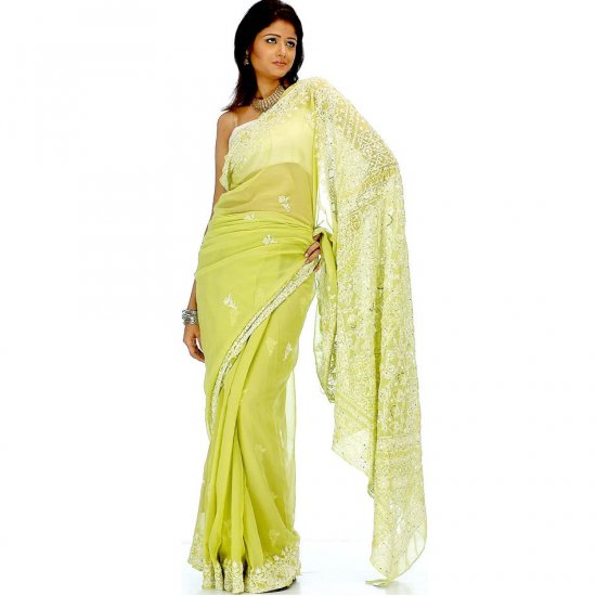 Pear-Green Lukhnavi Chikan Sari with Sequins